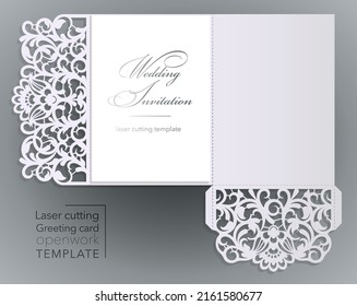 Laser cut wedding invitation card template vector. Die cut paper card with lace pattern. Cutout paper gate fold card for laser cutting or die cutting template. Wedding invitation with rose flowers.