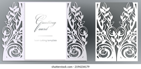 Laser cut wedding invitation card template vector. Die cut paper card with lace pattern. Cutout paper gate fold card for laser cutting or die cutting template. Wedding invitation with rose flowers.