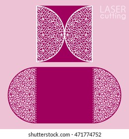 Laser cut wedding invitation card template vector. Die cut paper card with seamless pattern. Cutout paper gate fold card for laser cutting or die cutting template.