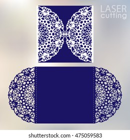 Laser cut wedding invitation card template vector. Die cut paper card with flowers pattern. Cutout paper gate fold card for laser cutting or die cutting template.