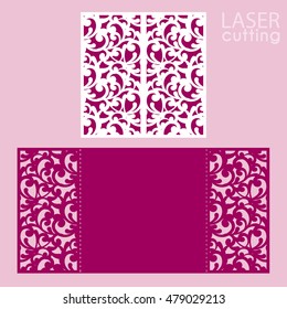 Laser cut wedding invitation card template vector. Die cut paper card with seamless pattern. Cutout paper gate fold card for laser cutting or die cutting template.