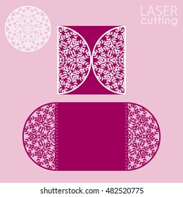Laser cut wedding invitation card template vector. Die cut paper card with leaf pattern. Cutout paper gate fold card for laser cutting or die cutting template.