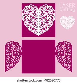 Laser cut wedding invitation card template vector. Die cut paper card with pattern. Cutout paper gate fold card for laser cutting or die cutting template.