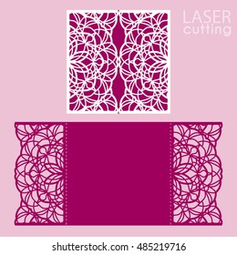 Laser cut wedding invitation card template vector. Cut paper card with pattern. Cutout paper gate fold card. Wedding invitation mockup. Suitable for greeting cards, invitations, menus, etc.