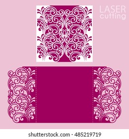 Laser cut wedding invitation card template vector. Cut paper card with pattern. Cutout paper gate fold card. Wedding invitation mockup. Suitable for greeting cards, invitations, menus, etc.