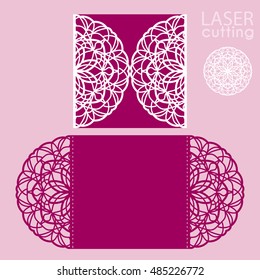 Laser cut wedding invitation card template vector. Die cut paper card with lace pattern. Cutout paper gate fold card for laser cutting or die cutting template.