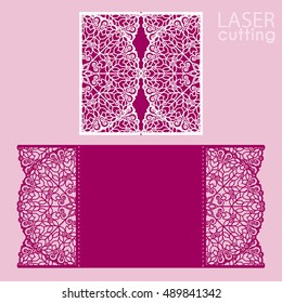 Laser cut wedding invitation card template vector. Die cut paper card with lace pattern. Cutout paper gate fold card for laser cutting or die cutting template.
