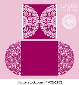 Laser cut wedding invitation card template vector. Die cut paper card with lace pattern. Cutout paper gate fold card for laser cutting or die cutting template.