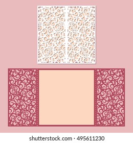Laser cut wedding invitation card template vector. Die cut paper card with lace pattern. Cutout paper gate fold card for laser cutting or die cutting template.