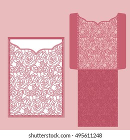 Laser cut wedding invitation card template vector. Invitation envelope or greeting card with rose flower ornament. Suitable for greeting cards, invitations, menus.