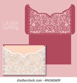 Laser cut wedding invitation card template vector with roses. Invitation envelope. Wedding lace invitation mockup. Template for laser cutting. 