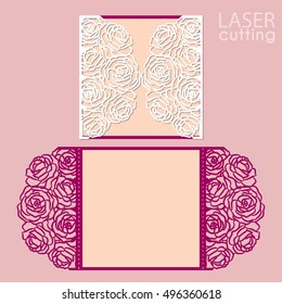 Laser cut wedding invitation card template vector with rose flowers. Cutout paper gate fold card for laser cutting or die cutting template. Wedding invitation mock up.