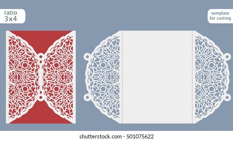 Laser cut wedding invitation card template vector. Die cut paper card with abstract pattern. Cutout paper gate fold card for laser cutting or die cutting template. 