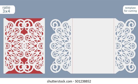 Laser cut wedding invitation card template vector. Die cut paper card with abstract pattern. Cutout paper gate fold card for laser cutting or die cutting template. 