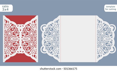 Laser cut wedding invitation card template vector. Die cut paper card with abstract pattern. Cutout paper gate fold card for laser cutting or die cutting template. 