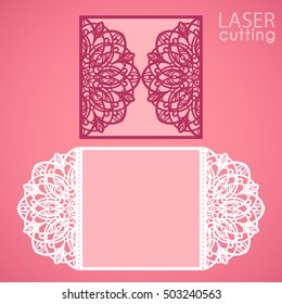Laser cut wedding invitation card template vector. Die cut paper card with lace round pattern. Cutout paper gate fold card for cutting. Suitable for greeting cards, invitations, menus.