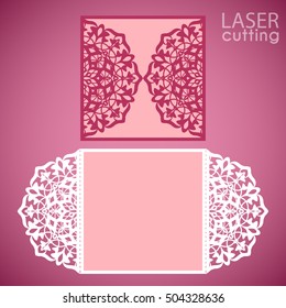 Laser cut wedding invitation card template vector. Die cut paper card with lace pattern. Cutout paper gate fold card for laser cutting or die cutting template.