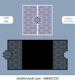 Laser Cut Wedding Invitation Card Template Vector. Cut Paper Card With Abstract Pattern. Cut Out Paper Gate Fold Card For Laser Cutting Or Die Cutting Template. Wedding Invitation Mockup.