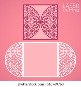 Laser cut wedding invitation card template vector. Die cut paper card with lace round pattern. Cutout paper gate fold card. Suitable for greeting cards, invitations, menus.