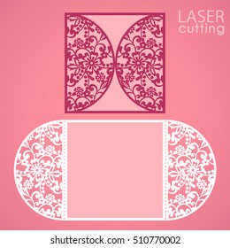 Laser cut wedding invitation card template vector. Die cut paper card with lace round pattern. Cutout paper gate fold card. Suitable for greeting cards, invitations, menus.