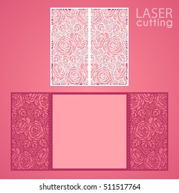 Laser cut wedding invitation card template vector. Die cut paper card with lace roses pattern, openwork ornament. Cutout paper gate fold card for laser cutting or die cutting template.