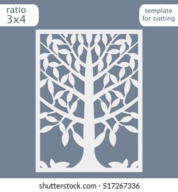 Laser cut wedding invitation card template.  Cut out the paper card with lace pattern.  Greeting card template for cutting plotter. Natural tree ornament. Vector.