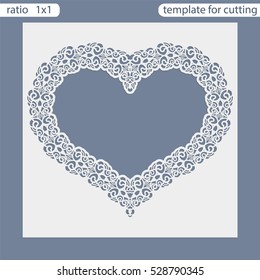 Laser cut wedding invitation card template.  Cut out the paper card with lace pattern.  Greeting card template for cutting plotter. Frame in the shape of a heart. Photo frame are laser cut. Vector.