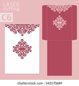 Laser cut wedding invitation card template vector. Wedding invitation or greeting envelope with abstract ornament. Open card. Suitable for greeting cards, invitations, menus.