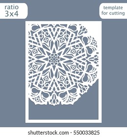 Laser cut wedding invitation card template.  Cut out the paper card with lace pattern.  Greeting card template for cutting plotter. Congratulation to Christmas or New Year. Vector.