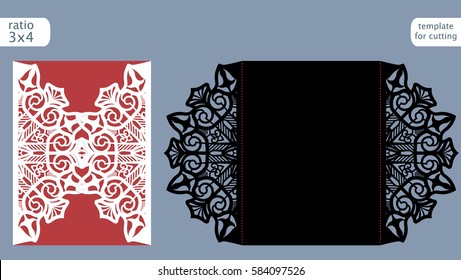 Laser cut wedding invitation card template vector. Die cut paper card with abstract pattern. Cutout paper gate fold card for laser cutting or die cutting template. Vector.