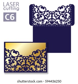 Laser cut wedding invitation card template vector. Wedding invitation or greeting envelope with abstract ornament. Open card. Suitable for greeting cards, invitations, menus.