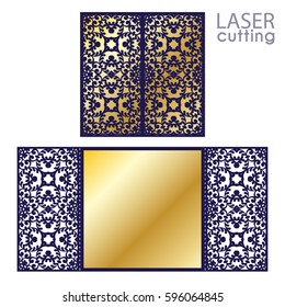 Laser cut wedding invitation card template vector. Die cut paper card with lace pattern. Cutout paper gate fold card for laser cutting or die cutting template.