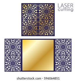 Laser cut wedding invitation card template vector. Die cut paper card with lace Arabic pattern. Cutout paper gate fold card for laser cutting or die cutting template.