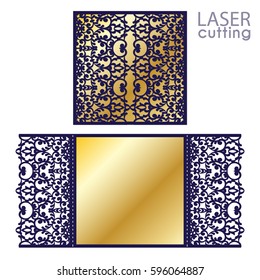 Laser cut wedding invitation card template vector. Die cut paper card with lace pattern. Cutout paper gate fold card for laser cutting or die cutting template.