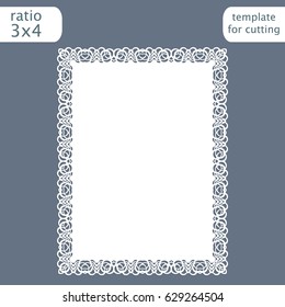 Laser cut wedding invitation card template with openwork border.  Cut out the paper card with lace pattern.  Greeting card template for cutting plotter. Vector.