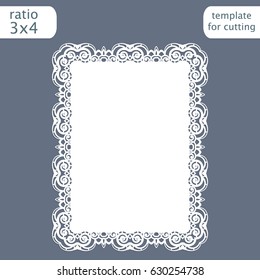 Laser cut wedding invitation card template with openwork border.  Cut out the paper card with lace pattern.  Greeting card template for cutting plotter. Vector.