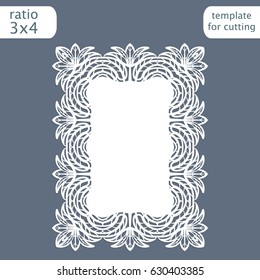 Laser cut wedding invitation card template with openwork border.  Cut out the paper card with lace pattern.  Greeting card template for cutting plotter. Vector.