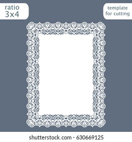 Laser cut wedding invitation card template with openwork border.  Cut out the paper card with lace pattern.  Greeting card template for cutting plotter. Vector.
