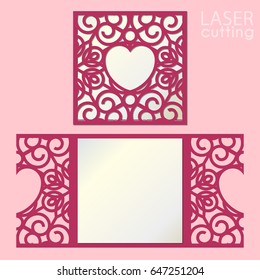 Laser cut wedding invitation card template vector. Die cut paper card with lace pattern and heart-shaped frame. Cutout paper gate fold card for laser cutting or die cutting.