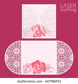 Laser cut wedding invitation card template vector. Die cut paper card with lace pattern and painted roses. Cutout paper gate fold card. Suitable for greeting cards, invitations, menus.