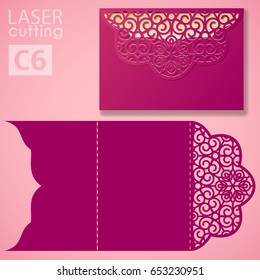 Laser cut wedding invitation card template vector. Wedding invitation or greeting envelope with abstract ornament. Open card. Suitable for greeting cards, invitations, menus.