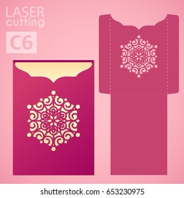 Laser cut wedding invitation card template vector. Wedding invitation or greeting envelope with abstract ornament. Open card. Suitable for greeting cards, invitations, menus.