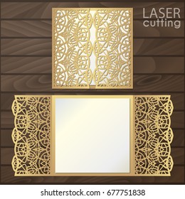 Laser cut wedding invitation card template vector. Die cut paper card with lace pattern. Cutout paper gate fold card for laser cutting or die cutting template.