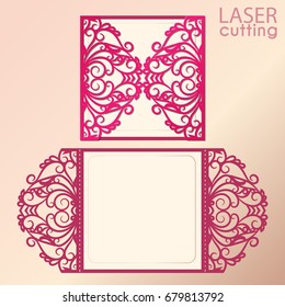 Laser cut wedding invitation card template vector. Cutout paper gate fold card for laser cutting or die cutting template. Wedding invitation mockup. Suitable for greeting cards, invitations, menus.