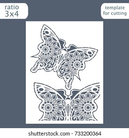 Laser cut wedding invitation card template. Cut out a paper card with a butterfly pattern.  Greeting card template for cutting plotter. Vector.