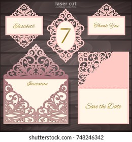 Laser Cut Wedding Invitation Card Template Collection, Vector Illustration. Wedding Set Mockup. Vintage Art Elements.