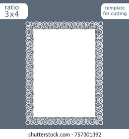 Laser cut wedding invitation card template with openwork border.  Cut out the paper card with lace pattern.  Greeting card template for cutting plotter. Vector.