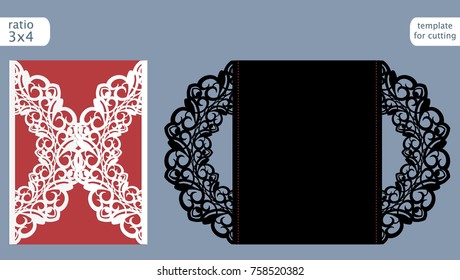 Laser cut wedding invitation card template vector. Die cut paper card with abstract pattern. Cutout paper gate fold card for laser cutting or die cutting template. Vector.