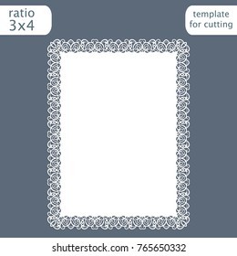 Laser cut wedding invitation card template with openwork border.  Cut out the paper card with lace pattern.  Greeting card template for cutting plotter. Vector.