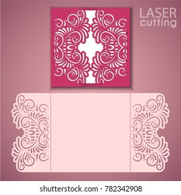 Laser cut wedding invitation card template vector. Die cut paper card with lace pattern. Cutout paper gate fold card for laser cutting or die cutting.